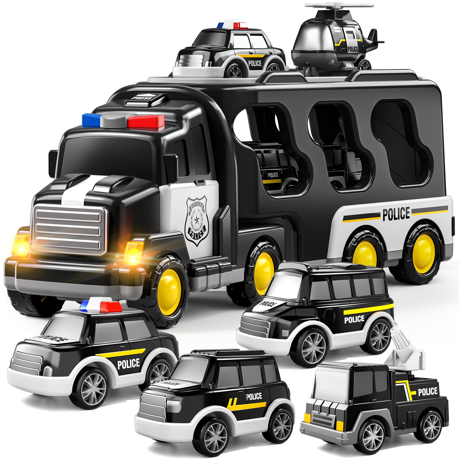 TEMI Police Truck Toys for Toddler 3 4 5 6 Years Old Boys 5 in 1 Friction Power Emergency Vehicle Police Car Toy for Toddlers 1 3 Carrier Truck