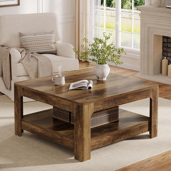 Finmind 39.5" Square Coffee Table for Living Room, 2-Tier Wood Circle Accent Table, Rustic Brown