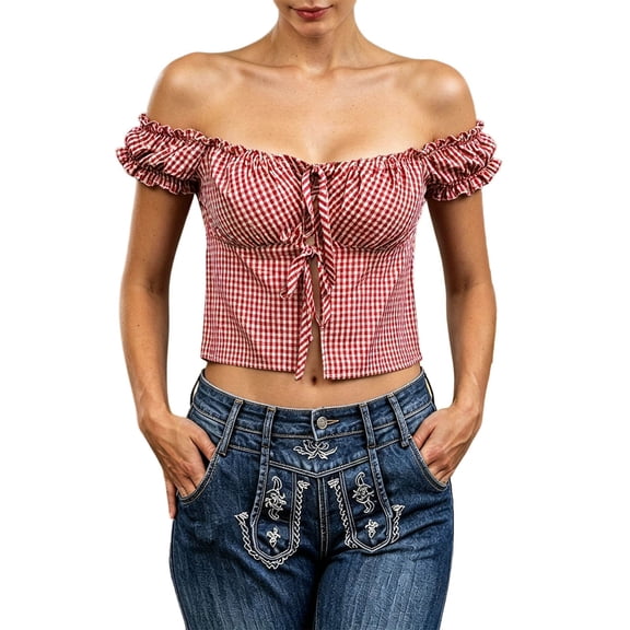 HUAXUN Women’s Red White Small Grid Gingham Off Shoulder Ruffle Trim Puff Short Sleeve Tie Front Hollow Cropped Oktoberfest Festival Casual Blouse (Red,L)