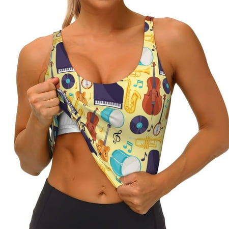 Qokaie Musical Instruments Pattern Womens Scoop Neck Sports Bra Breathable Workout Vest Padded U Back Medium Impact Fitness Gym Yoga Bra Workout Crop Top