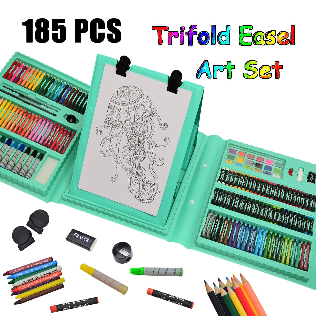 Bibana 185 Pieces Double Sided Trifold Easel Art Set, Drawing Art Box with Oil Pastels, Crayons, Colored Pencils, Markers, Paint Brush, Watercolor Cakes, Sketch Pad (Green)