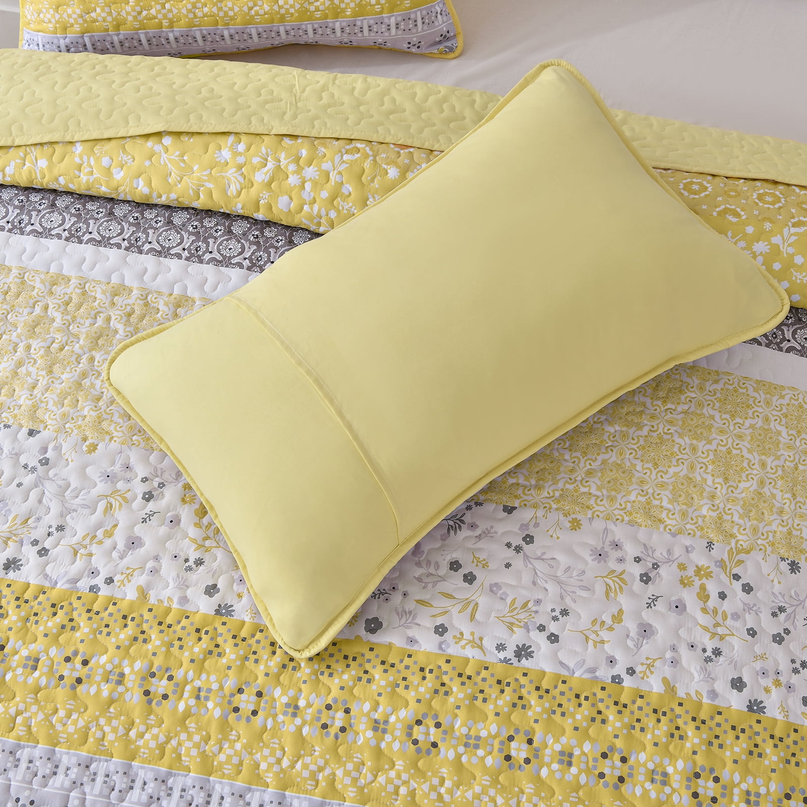 Dintszyayue 3Pcs Floral Boho Quilt Set Queen,Yellow Bohemian Striped Patchwork Bedspread Adult(90"×96")