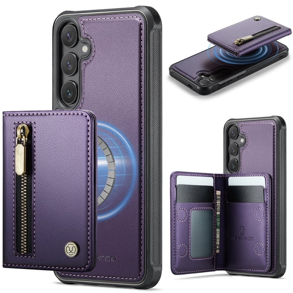 for Samsung Galaxy S26 Rugged Case, 2 in 1 Detachable Magnetic Wallet Zipper with RFID Blocking Credit Card Slots Kickstand Phone Case PU Leather for Women Men, Compatible with MagSafe, Purple