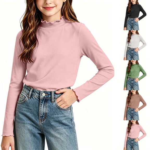 Acaics Girls' Long-Sleeve Layering T-Shirt: Solid-Color Modal Long-Sleeve Crew Neck Casual High-Neck Top, Ages 1–13