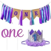 Ecore Fun First Birthday High Chair Banner First Birthday Decorations Party Supplies for Baby Girls, High Chair ONE Burlap Banner + NO.1 Crown + ONE Cake Topper - Mermaid Theme