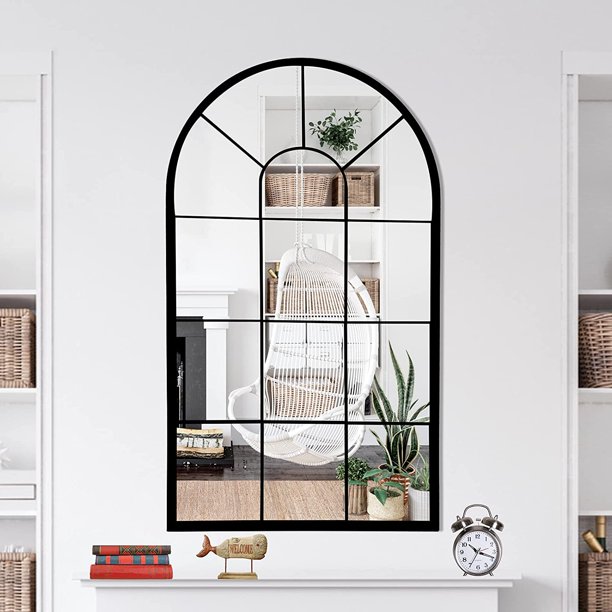 Espejo de Pared Ventana Espejos Decorativos de Arco de Granja para Sala de Estar Dormitorio Entrada Baño Tocador (Negro, 104.9 cm x 61 cm x 2.5 cm)