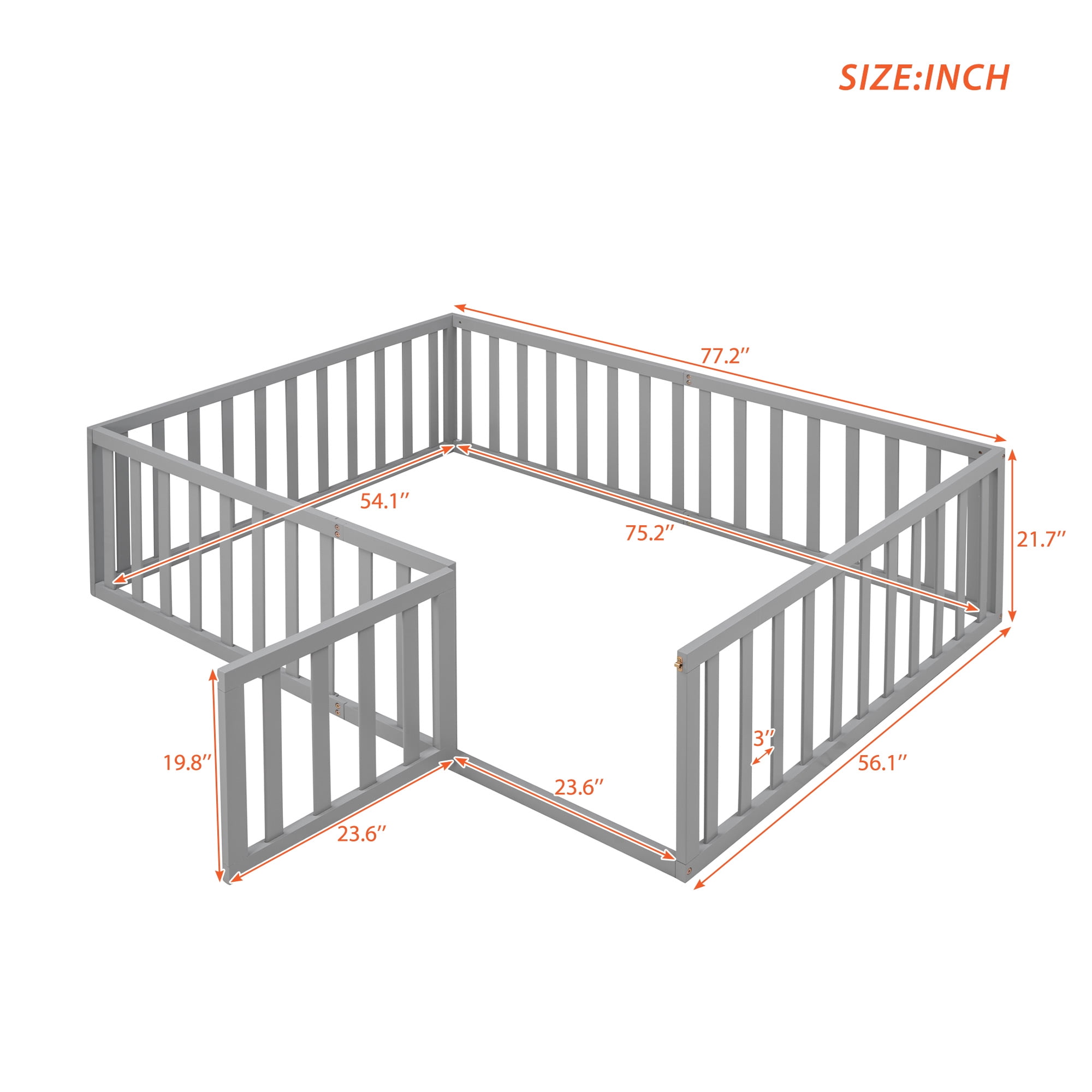Kumix Full Floor Bed with Fence and Door, Wood Floor Bed Frame for Teens, Noise-Free Low Floor Bed for Bedroom, Dorm, No Weight Capacity Limit, Easy Assembly, Gray