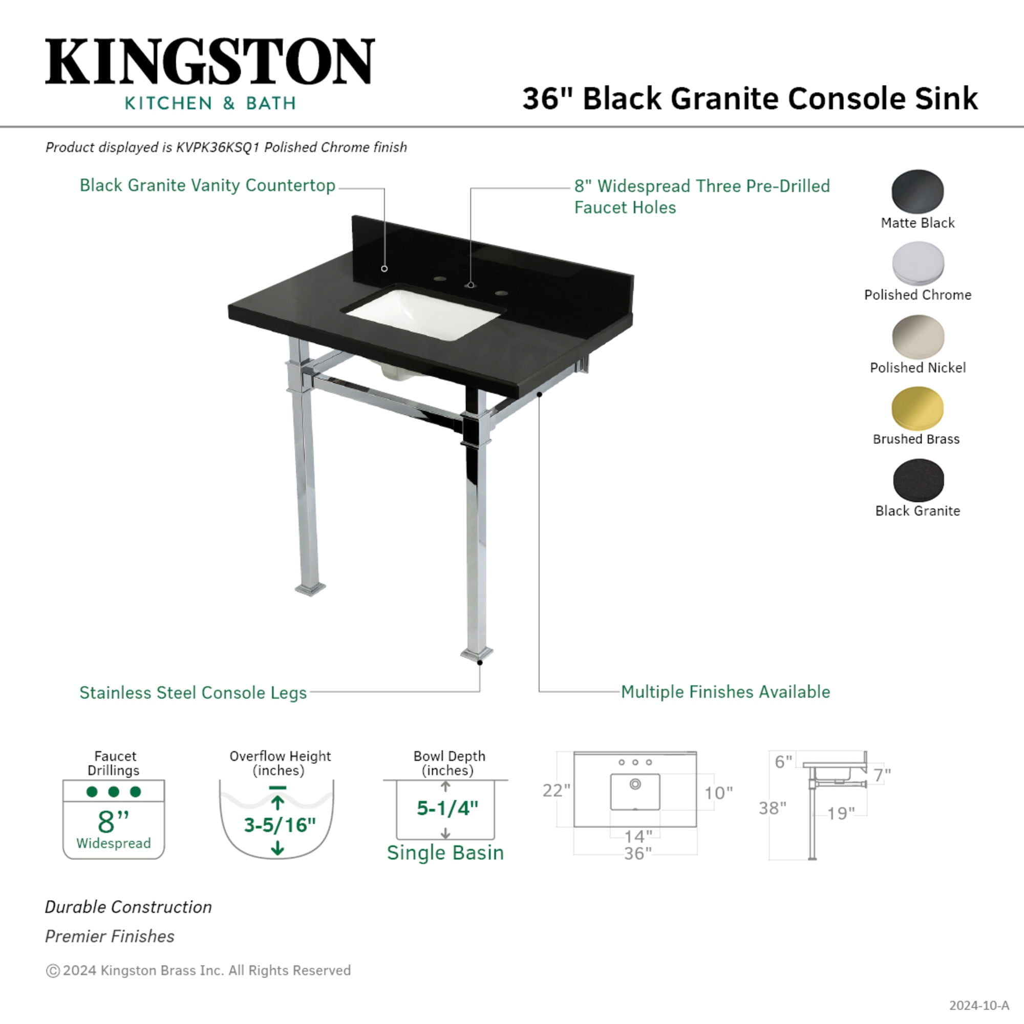 Kingston Brass KVPK36KSQ1 Monarch 36" Black Granite Console Sink with Stainless Steel Legs (8-Inch, 3-Hole), Black Granite/Polished Chrome