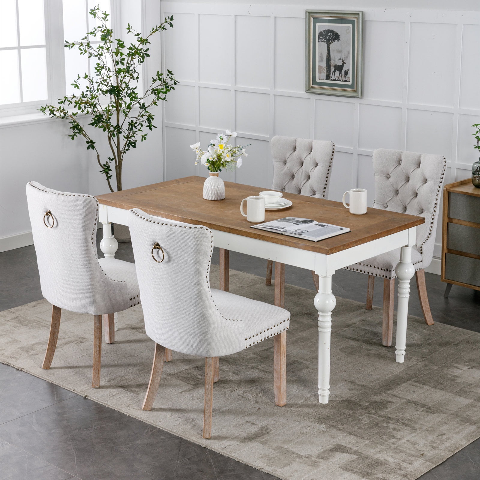Upholstered Dining Chairs Set of 2, Segmart Modern Fabric Dining Room Chair with Nailhead Trim and Wood Legs, Mid-Century Accent for Living Room, Kitchen, Beige