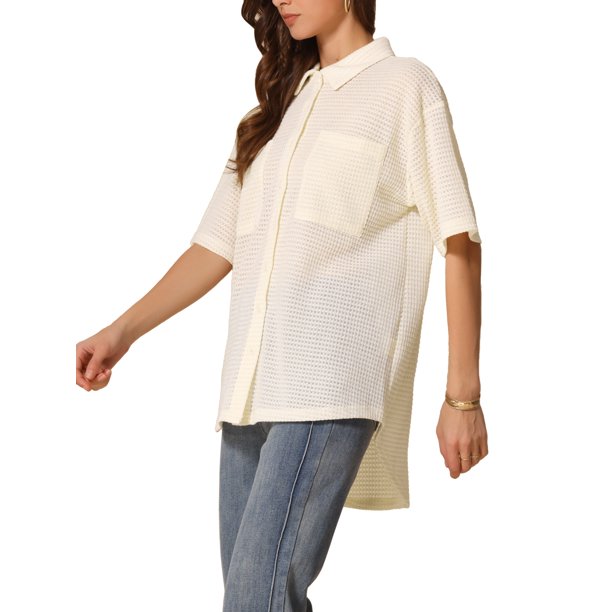 Camisa Shacket Tunic Casual de Verano INSPIRE CHIC para Mujeres, Camiseta de Manga Corta de Tejido Waffle, Botones, Color Beige