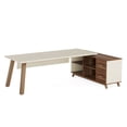 thumbnail image 7 of KIOOTTO 79 Inch L-Shaped Executive Desk with 55" Storage Cabinet Set, Modern L-Desk with 2 Drawers & 4 Shelves, Large Corner Computer Desk for Home Office, Walnut & White, 7 of 7