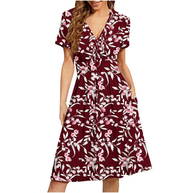 Vestido casual de manga corta de verano para mujer Vestido de fiesta floral con cuello en V y bolsillos Pompotops ghjkhdj16325