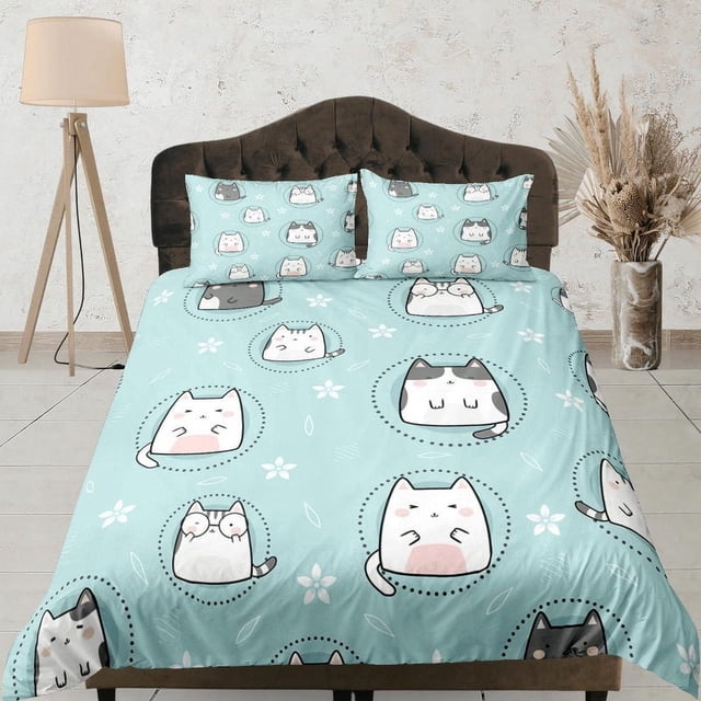 Juego de Funda Nórdica Cat Lover Colcha, Lindos Gatos Ropa de Cama Verde para Adolescentes Niños