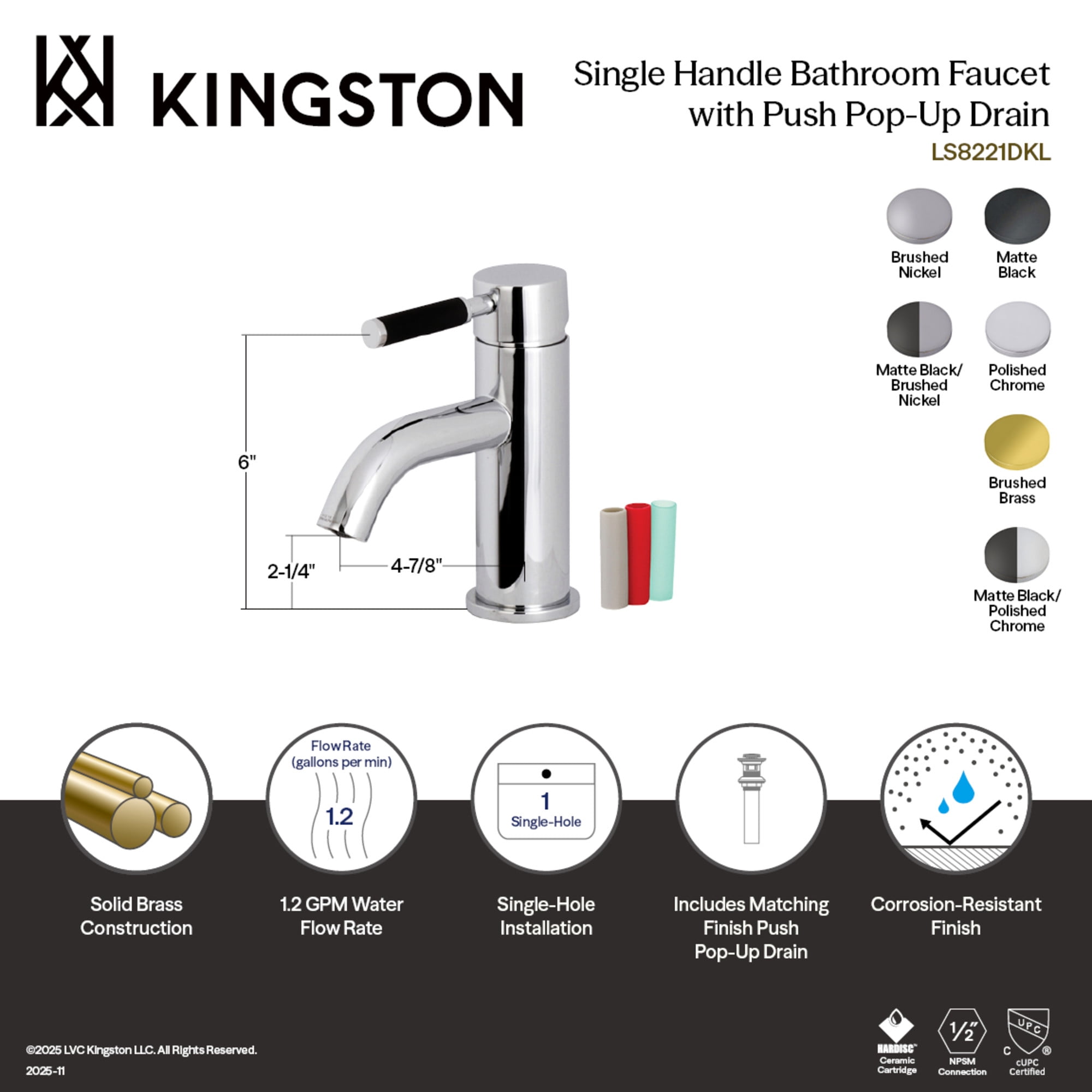 Kingston Brass LS8221DKL Kaiser One-Handle 1-Hole Bathroom Faucet with Push Pop-Up Drain in Polished Chrome