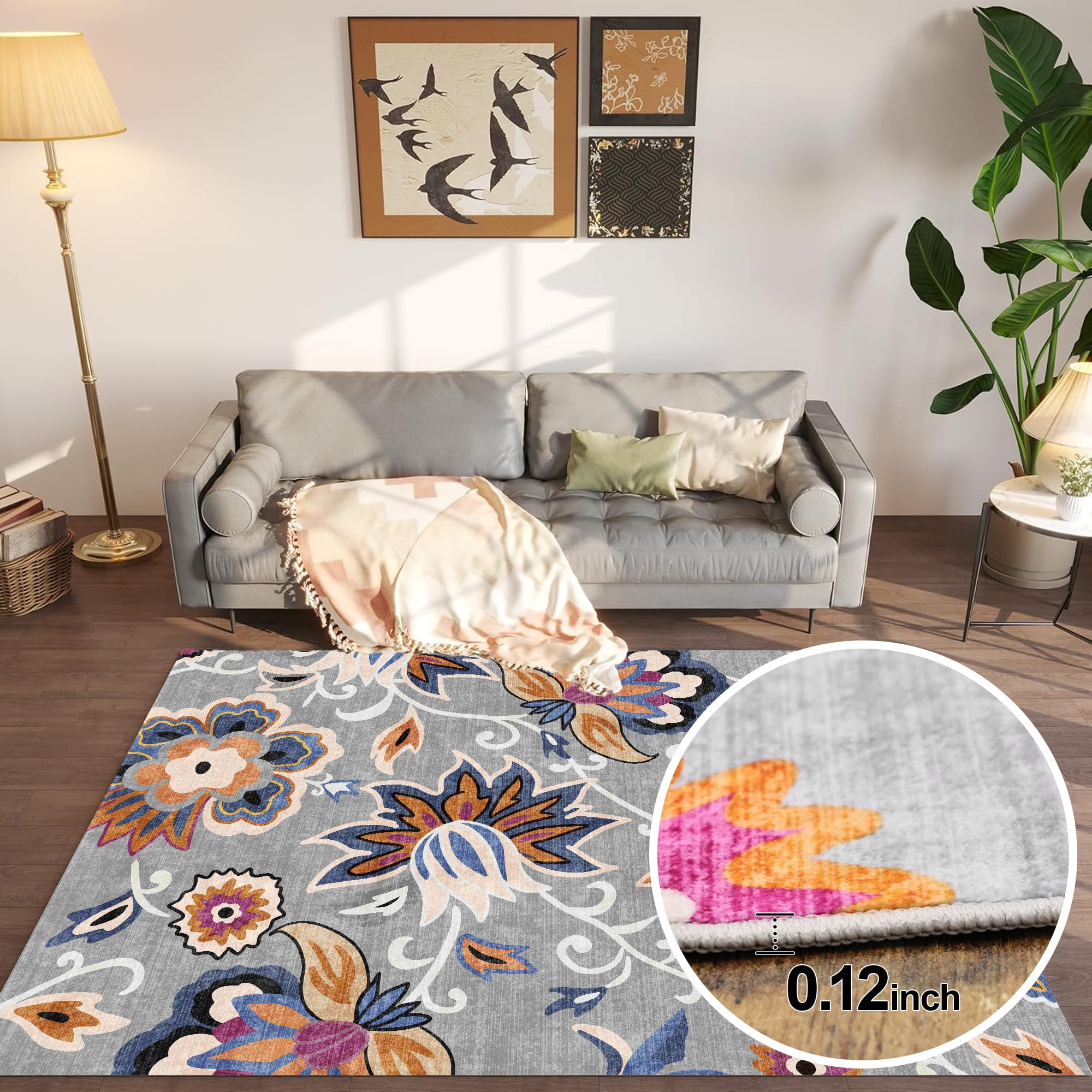 Dowellia Rugs for Bedroom,Floral Area Rug 4x6 Living Room Rug Non Slip Washable Bedroom Rug Soft Low Pile Flowers Floor Carpet for Living Dining Room,Blue