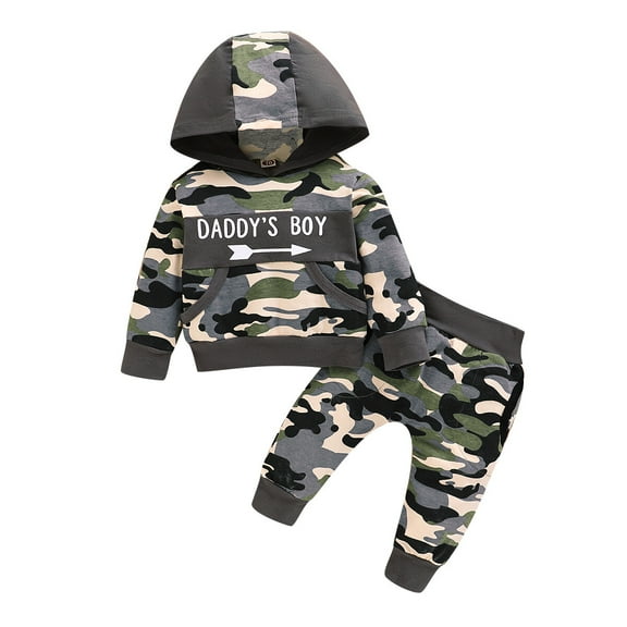 18 Months Baby Boys Outfits 24 Months Toddler Boys Fall Winter Clothes Letter Print Long Sleeve Hooded Tops Camouflage Pants Set Gray