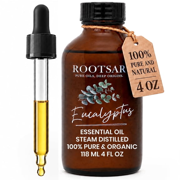 Rootsar Eucalyptus Essential Oil – 100% Pure Organic Eucalyptus Oil, Steam Distilled, 4 FL OZ / 118 ML – Premium Essential Oil for Diffuser, Aromatherapy, Massage, Skin Care, Candle & Soap Making