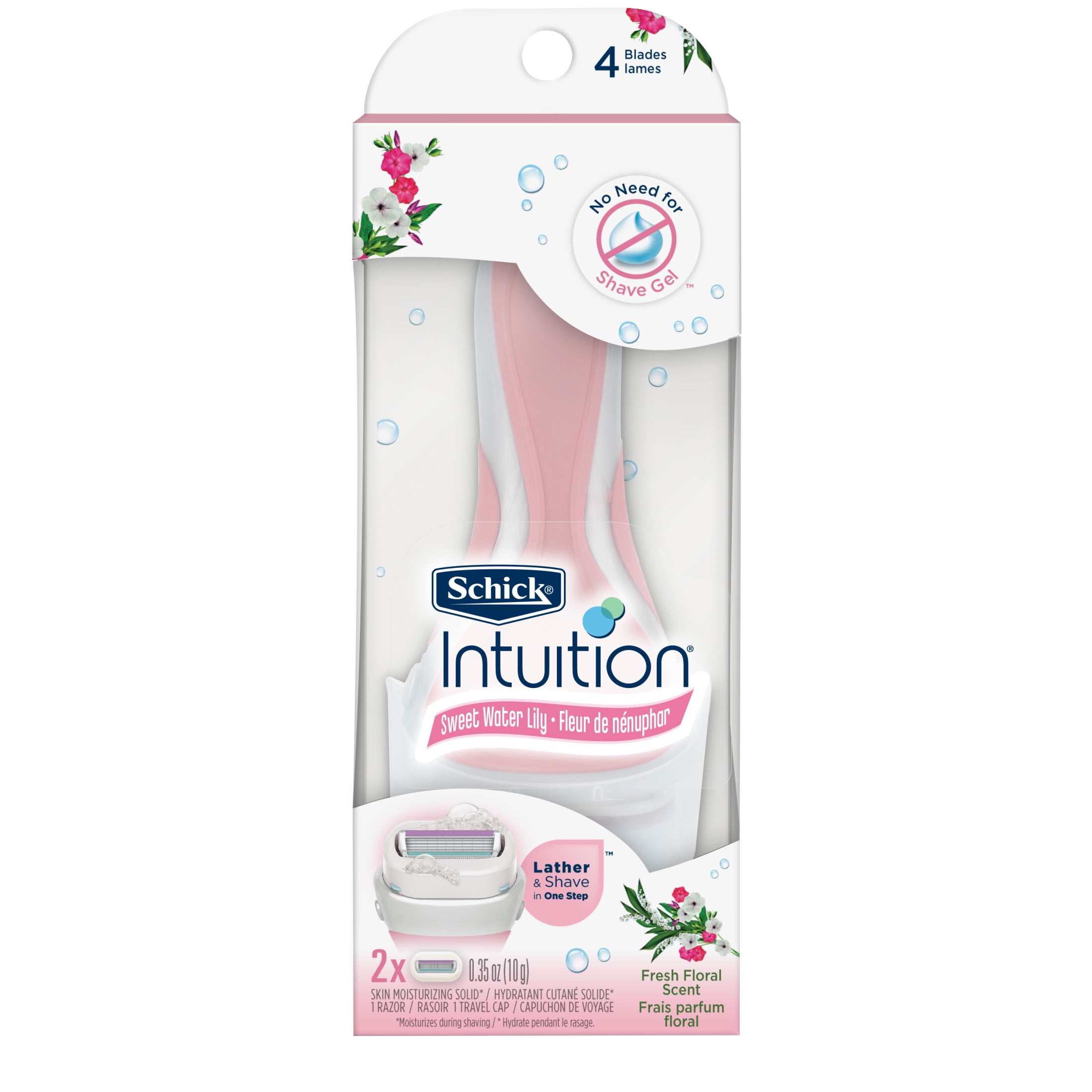 Schick Intuition 4-Blade Sweet Water Lily Women's Razor Handle Plus 2 Razor Blade Cartridge Refills, Lather & Shave In One Step, Fresh Floral Scent
