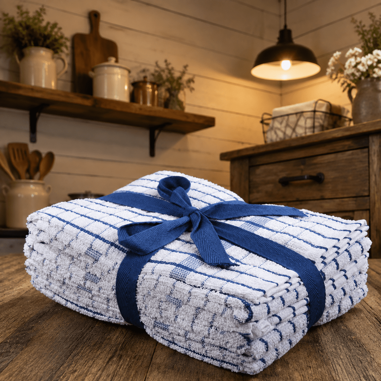 Blue 20 x 28 Inch Set of 4 Terry Cotton Kitchen Towels with Hanging Loop