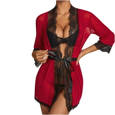 Hvyesh Women Lingerie Robe Lace Splicing Mesh Nightwear Lightweight Nightgown Cardigan Sleepwear Pajamas with Belt