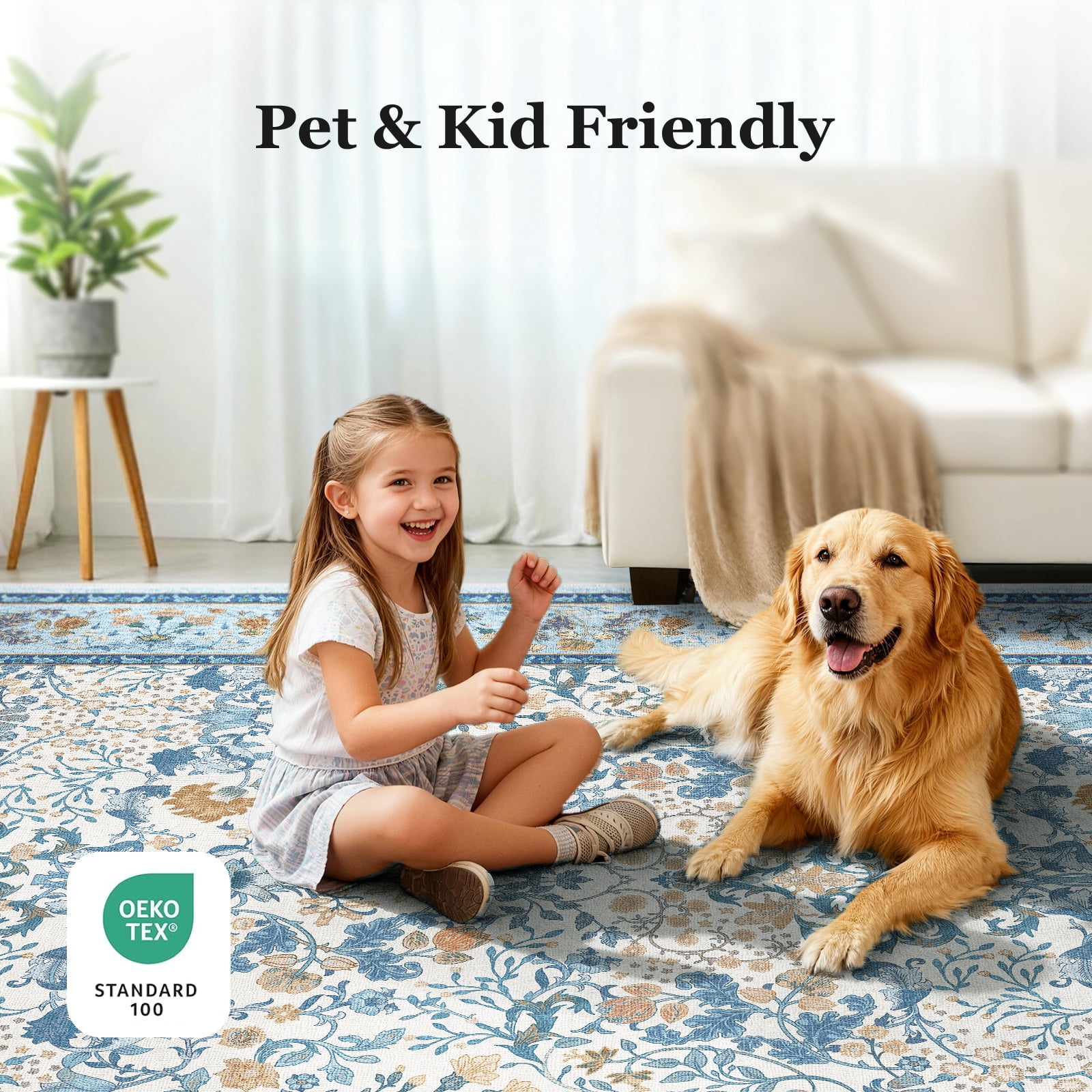 CHITOOMA 5'x7' Area Rugs for Living Room, Floral Washable Rug Boho Non-Slip Printed Carpet, Vintage Stain Resistant Indoor Rug for Bedroom Dining Room Home Office