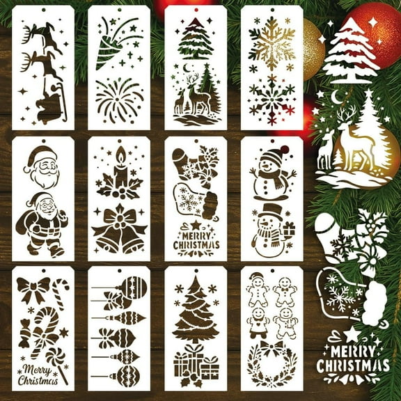 12 Pcs Christmas Stencils for Painting 12 Styles Father Christmas Snowman Gingerbread Man Painting Stencils Reusable Plastic Drawing Templates for Scrapbooking DIY Art Craft