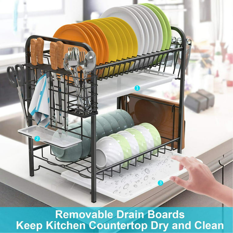Dish Drying Rack, 2-tier,black Dish Rack With Drain Board For