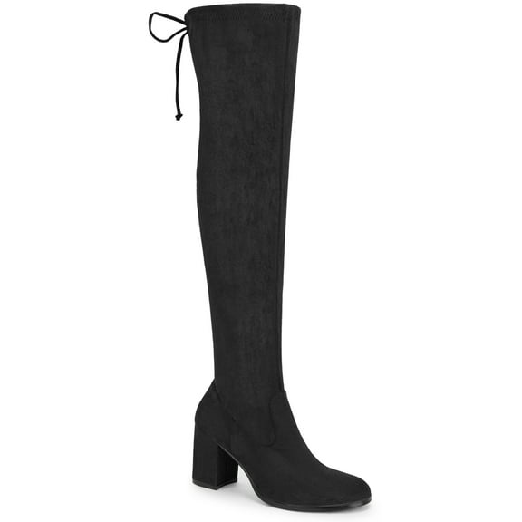 BLISSFUL STEP Women's Boots Round Toe Chunky Heel Over the Knee High Faux Suede Boots Black 5.5
