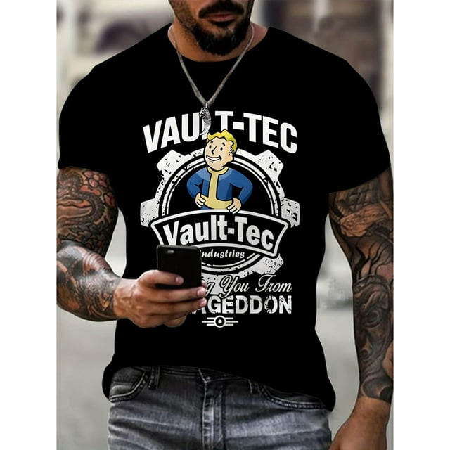 Cartoon Character With Letter Vault-tec Print T-shirt, Summer Trendy Casual Short Sleeve Tees, Outdoor Cloth, Casual Sporty Tee, Comfy Tee