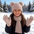 thumbnail image 5 of 3 Pcs Kids Winter Knit Hat Scarf Gloves Set for Boys Girls Pompom Beanie Thick Thermal Sets for Outdoor Ski Wear Khaki 3-12 Years, 5 of 5