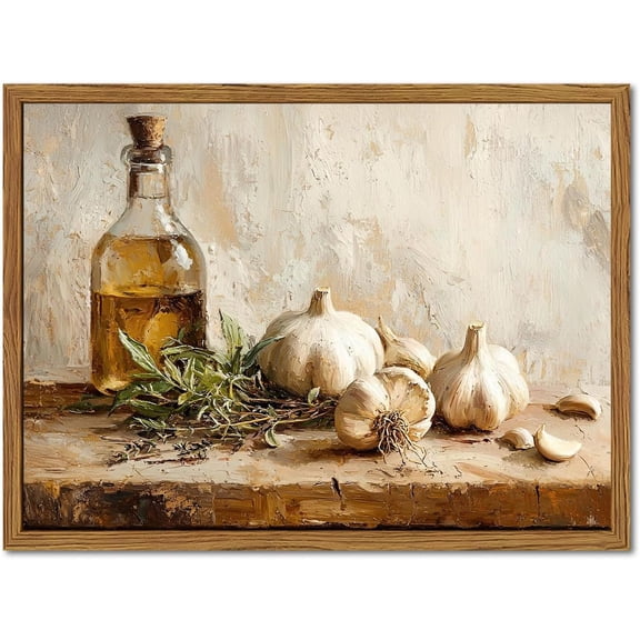 Framed Vintage Kitchen Canvas Wall Art, Rustic Garlic and Herbs Pictures Wall Decor, Neutral Still Life Paintings Prints Aesthetic Home Decor for Farmhouse Dining Room Living Room 12x16 inch