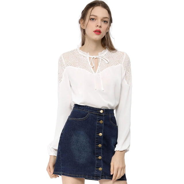 Allegra K Blusa Elegante De Gasa Con Correa Ojo De Cerradura Panel De Encaje Manga Larga Para Mujeres - Blanco/XL