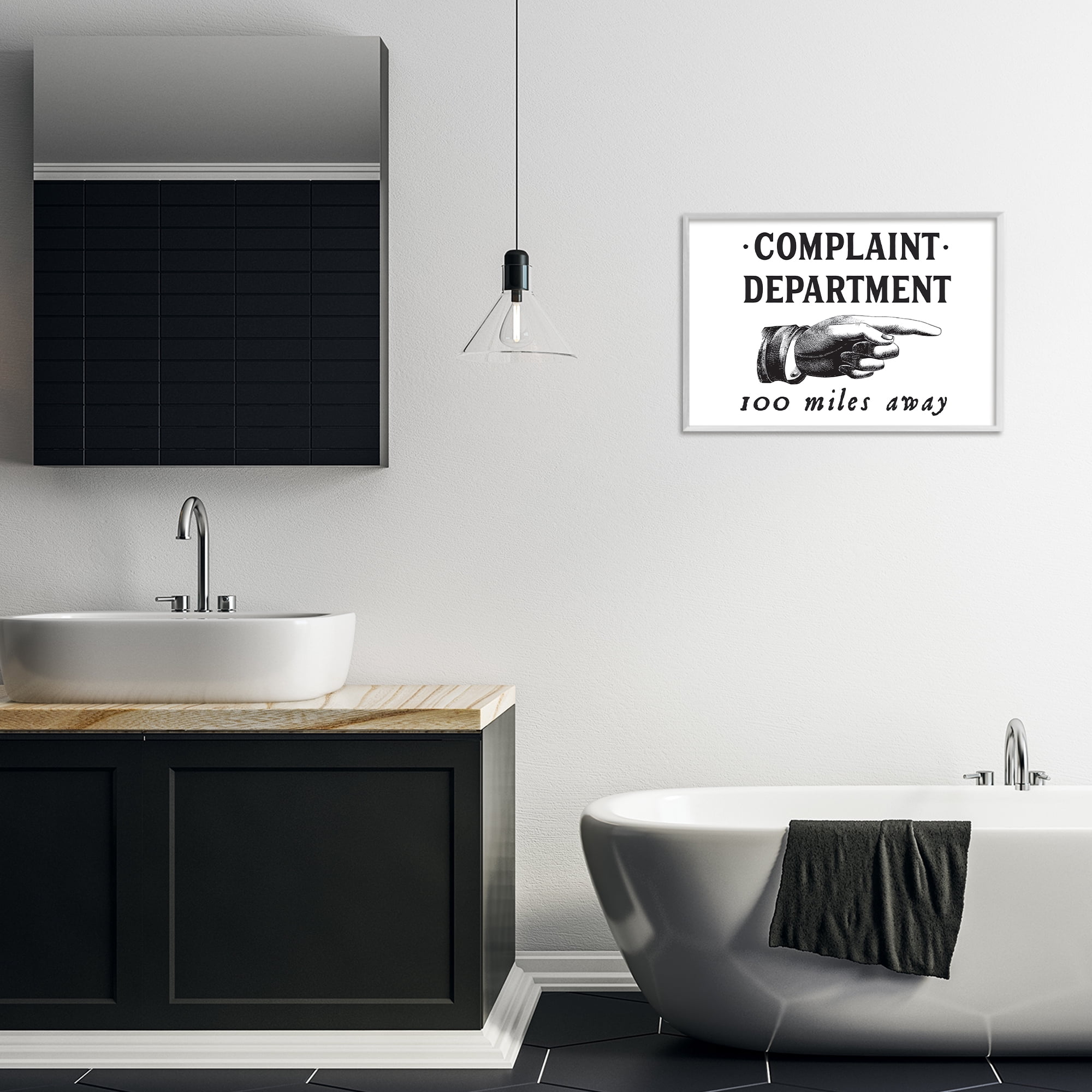 Stupell Industries Complaint Department Pointing Typography Painting White Framed Art Print Wall Art, 24 x 16