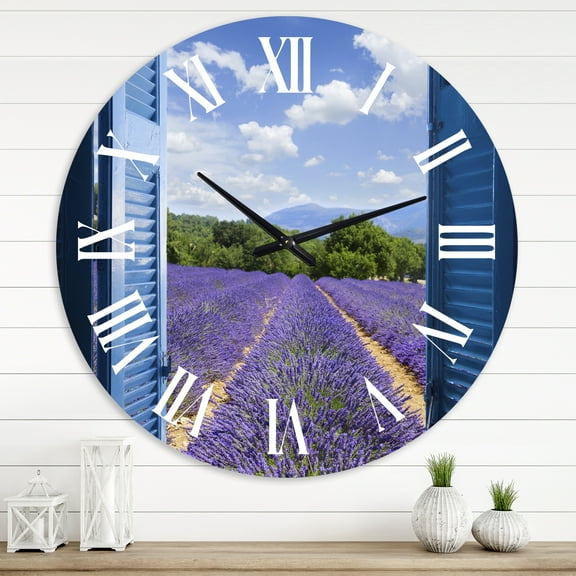 Designart 'Lavender Field Through Blue Open Cottage Window' Farmhouse Wall Clock