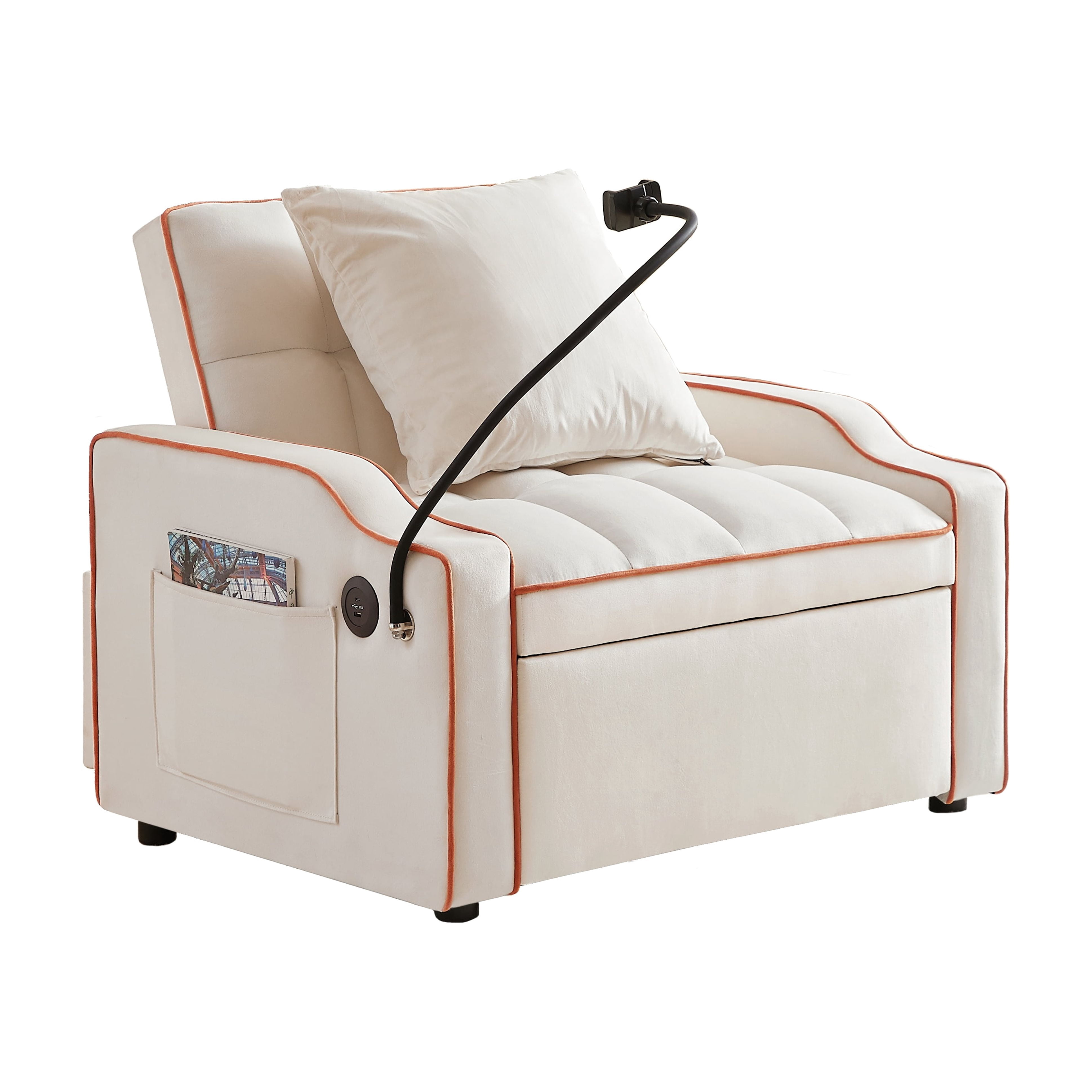 Leumius Convertible Sofa Chair Bed,3-in-1 Sleeper Sofa with Pull-Out Bed,Modern Velvet Single Sofa Chair with Reclining Backrest and Wide Armrest for Living Room Small Space,Beige