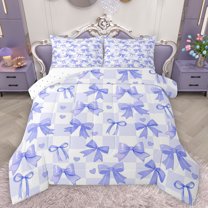 Feelyou Dreamy Purple Ribbon Queen Comforter Set, Kawaii Square Plaid Bedding Sets, Cute Princess Style Reversible Bedding Comforter Set, Super Cozy Room Decor, 3pcs
