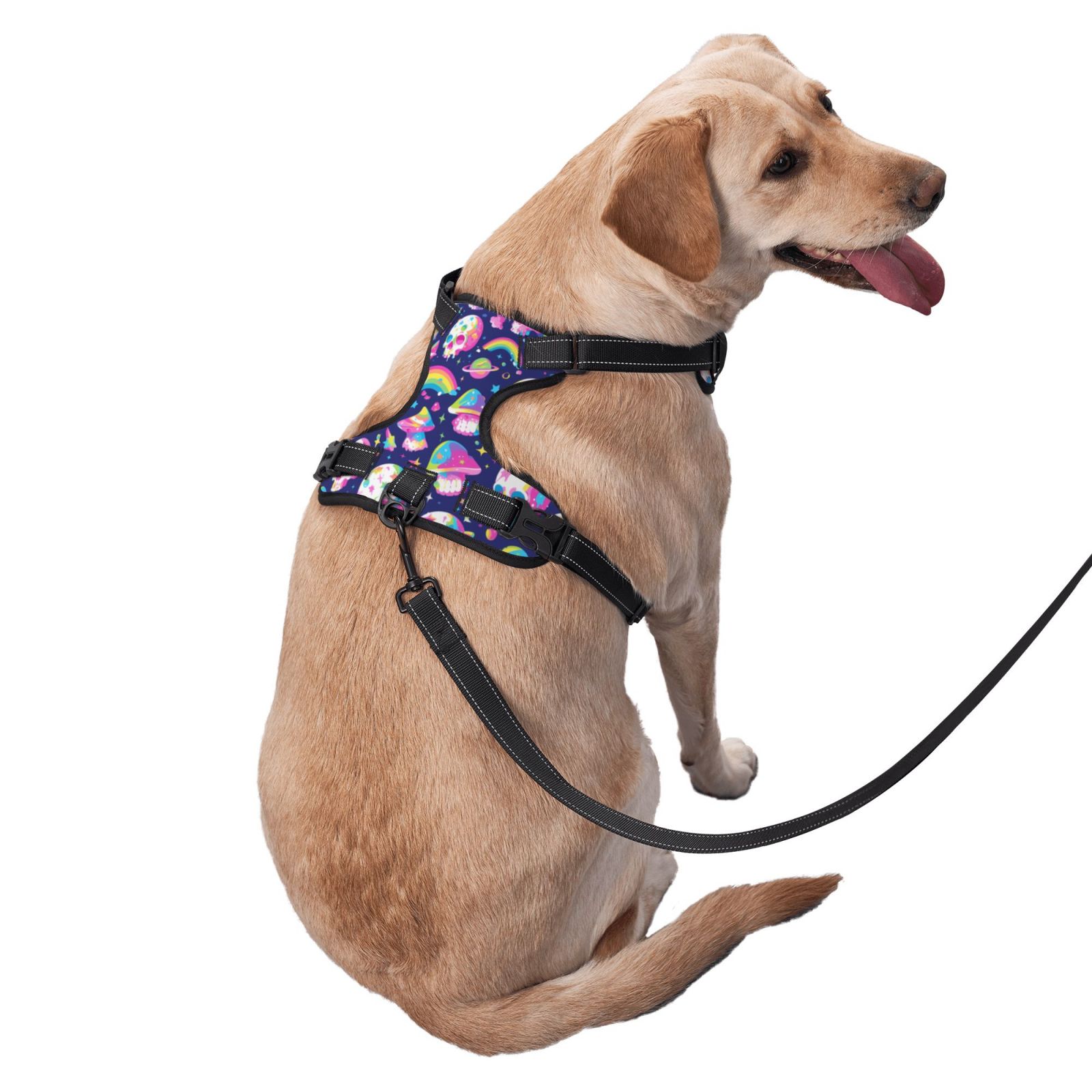 Vsdgher Skull mushroom rainbow space Pattern Dog Harness,No Pull Pet Harness with Soft Padded Handle,Adjustable Reflective Vest with 2 Buckles,4 Slide Buckles,S-XL X-Large