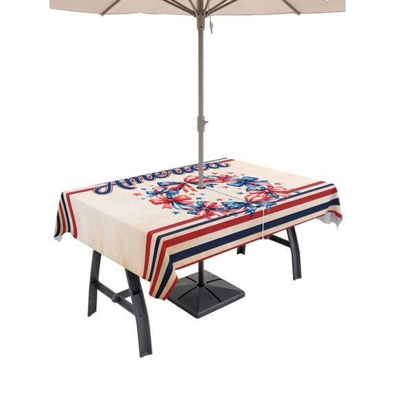 Outdoor Tablecloth with Umbrella Hole for Patio/Picnic/Party/Camping, 4th of July Waterproof Table Cloth Rectangle Table Cover Washable, Country Patriotic USA Flag Bow Garland Stripes (60"x 102")