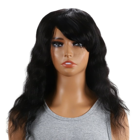 Unique Bargains 1 Pc Long Hair Big Curly Bangs Hair Hair Wig Real Human Hair 16in Human Wig Black for Women
