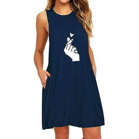 

XIAOFFENN Fashion Womens O-Neck Pocket Printing Sleeveless Casual Nightdress Dresses
