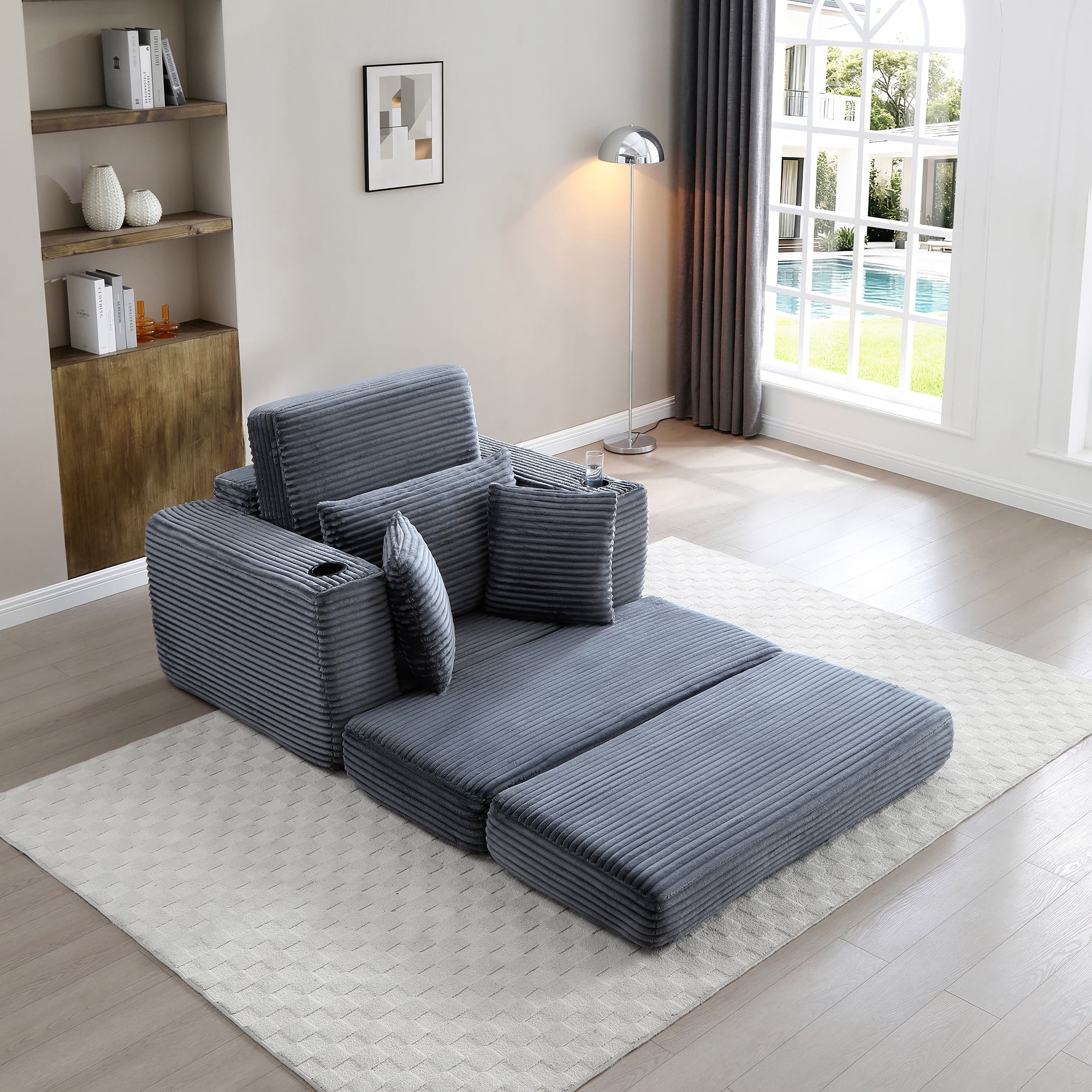 Miniyam 52" x 61" Complete Sleeper Set with Ottoman – Plush High-Density Foam, 3-in-1 Function (Bed, Lounge, Chair), Cup Holders (Grey)