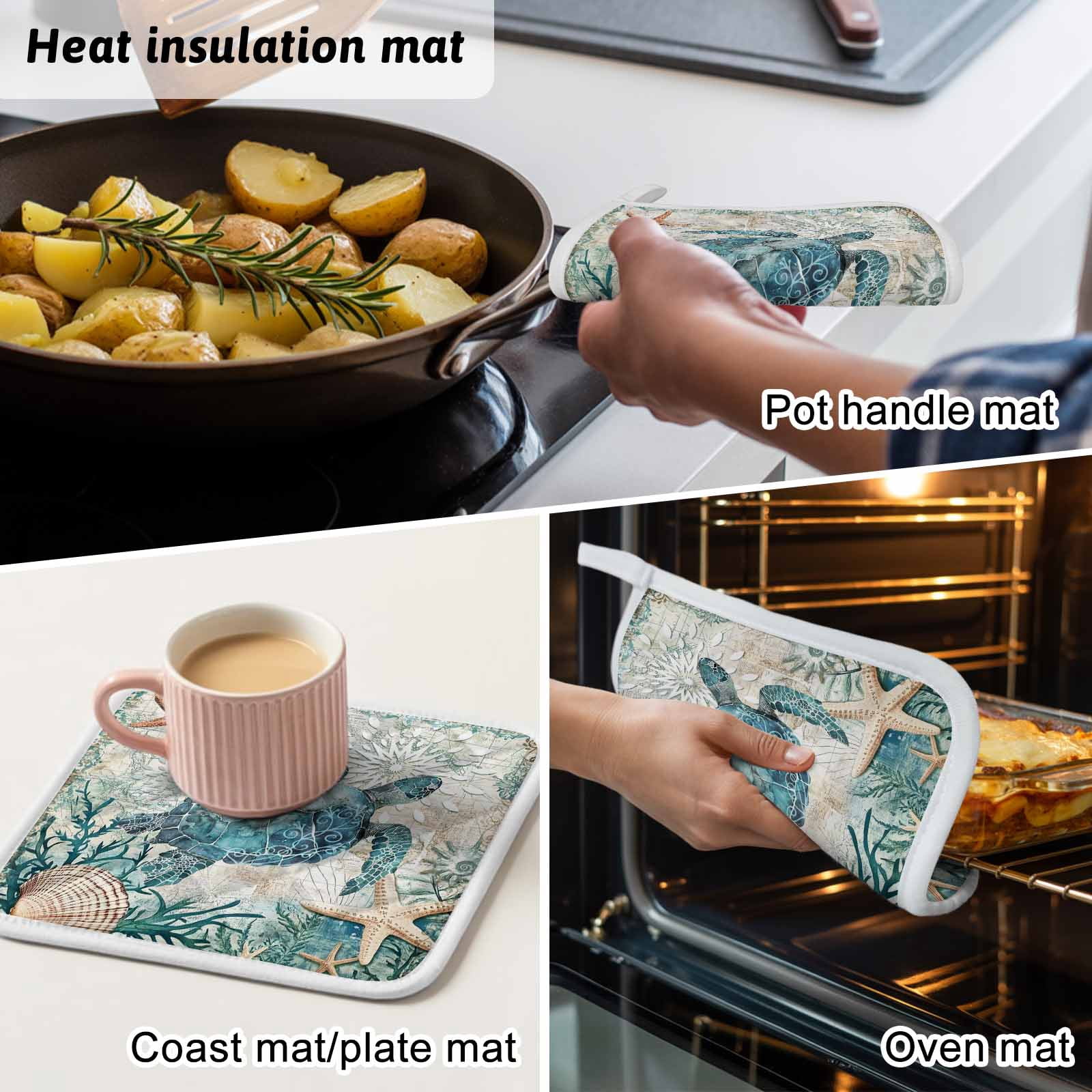 Teal Coastal Turtle Pot Holders for Kitchen Heatproof Potholder, 4 Pack Vintage Summer Beach Nautical Coral Hot Pads Multipurpose Oven Pads Cloth Potholders Trivet for Cooking and Baking