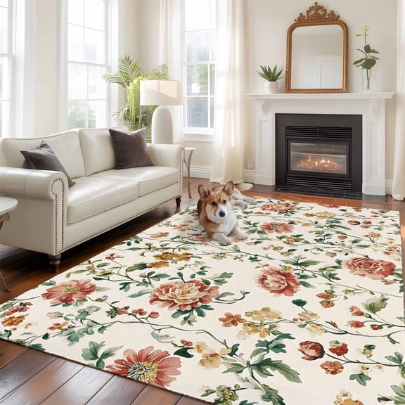 6'x9' Area Rugs, Botanical Flowers Indoor Outdoor Area Rug for Living Room Bedroom, Vintage Country Pastoral Floral Vines Washable Bathroom Rugs Kitchen Floor Carpet Mats Home Decor Aesthetic