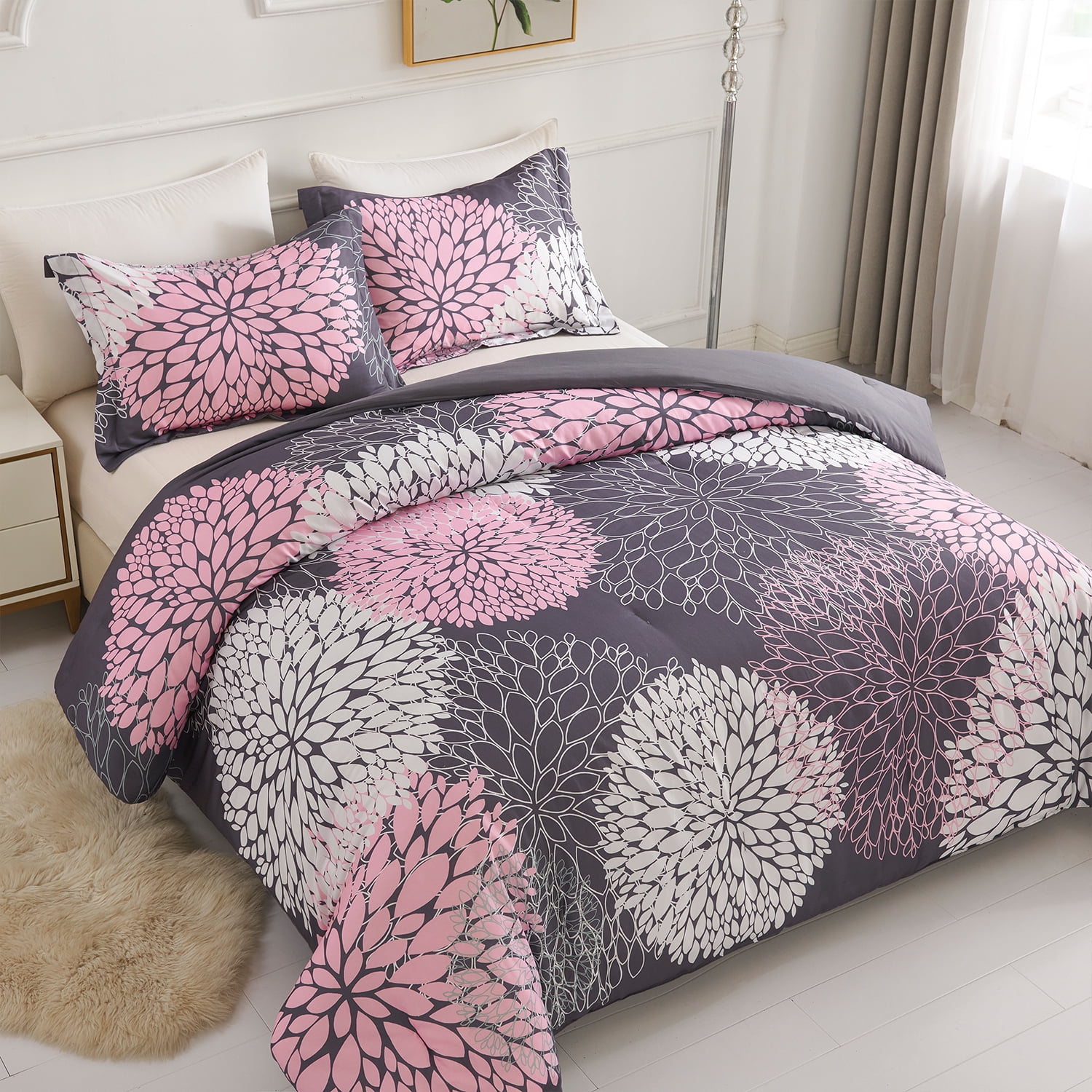 Koniroom Pink and Grey Floral Comforter Set, Botanical Bedding Sets Queen Size with Cute Flowers Printing for Women Teen Girls All Season 3 Pieces Comforters with 2 Pillow Shams (90x90 Inches)