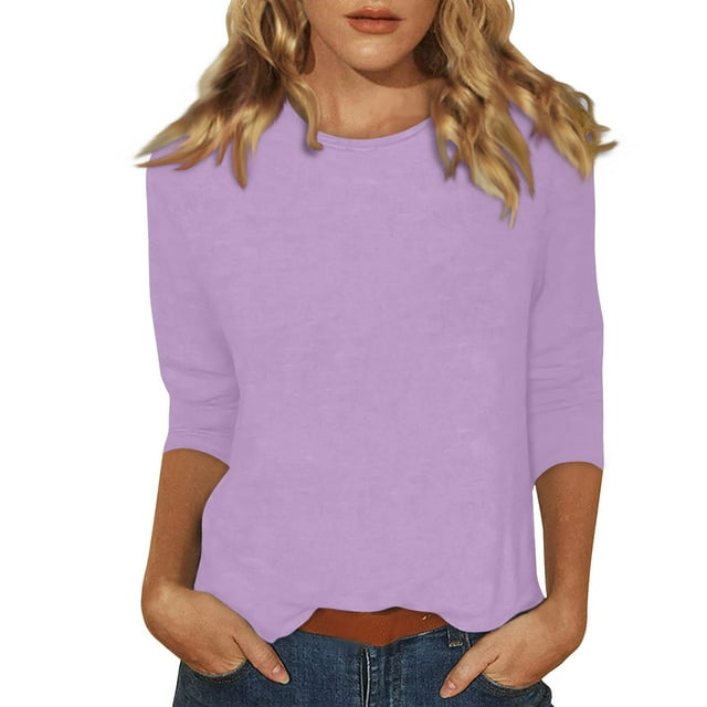 DENGDENG Femmes T-Shirts à Manches 3/4 Liquidation Col Rond Hauts d'Été Printemps Coude Tunique Décontractée Hauts Mignons Chemises Trois Quarts Petites Blouses Violet Pâle m