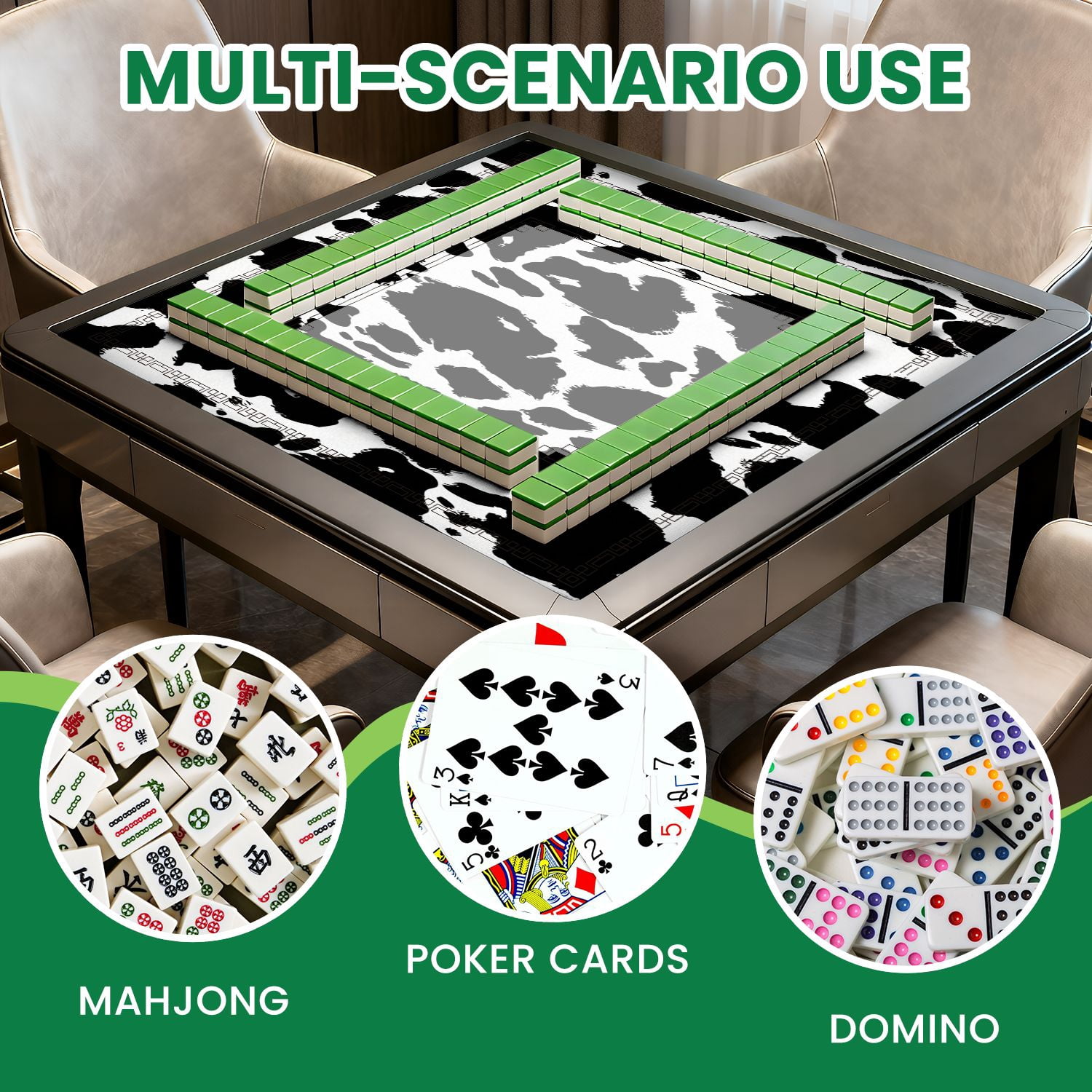 Mahjong Mat 31.5" x 31.5" Cow skin black white spot repeated seamless Animal Non-Slip Noise Reduction American Mahjong Tiles Table Cover for Dominoes Poker Card Board Games Gift