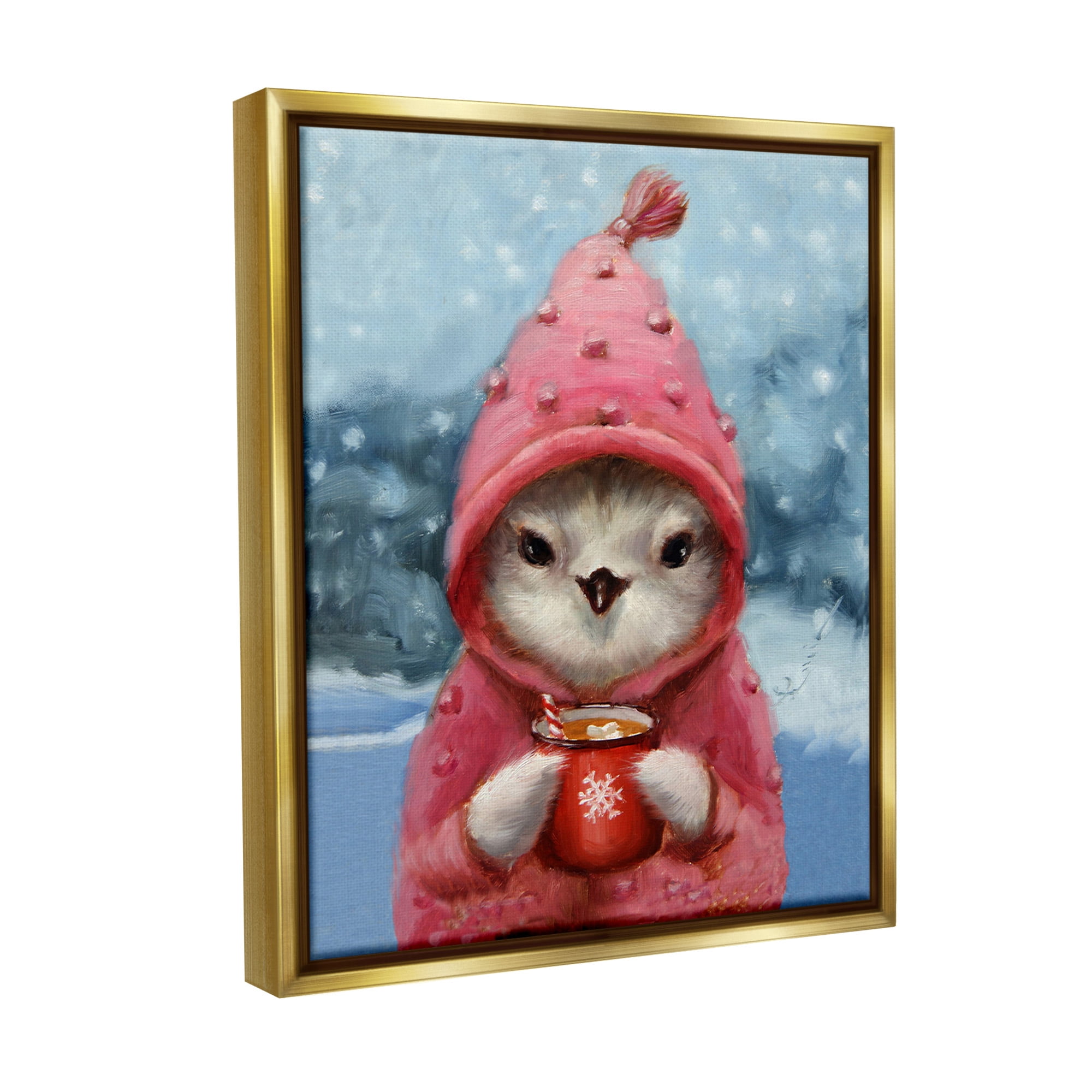 Stupell Industries Bird with Winter Cocoa Holiday Painting Gold Floater Framed Canvas Art Print Wall Art, 17 x 21