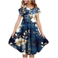 thumbnail image 1 of EGNMCR Robe à Manches Courtes à Col Rond Robe d'Été pour Filles à Imprimé Floral Manches Courtes à Volants avec Poches Robe à Col Rond Imprimée pour Enfants Fille Robe en Polyester, 1 of 5