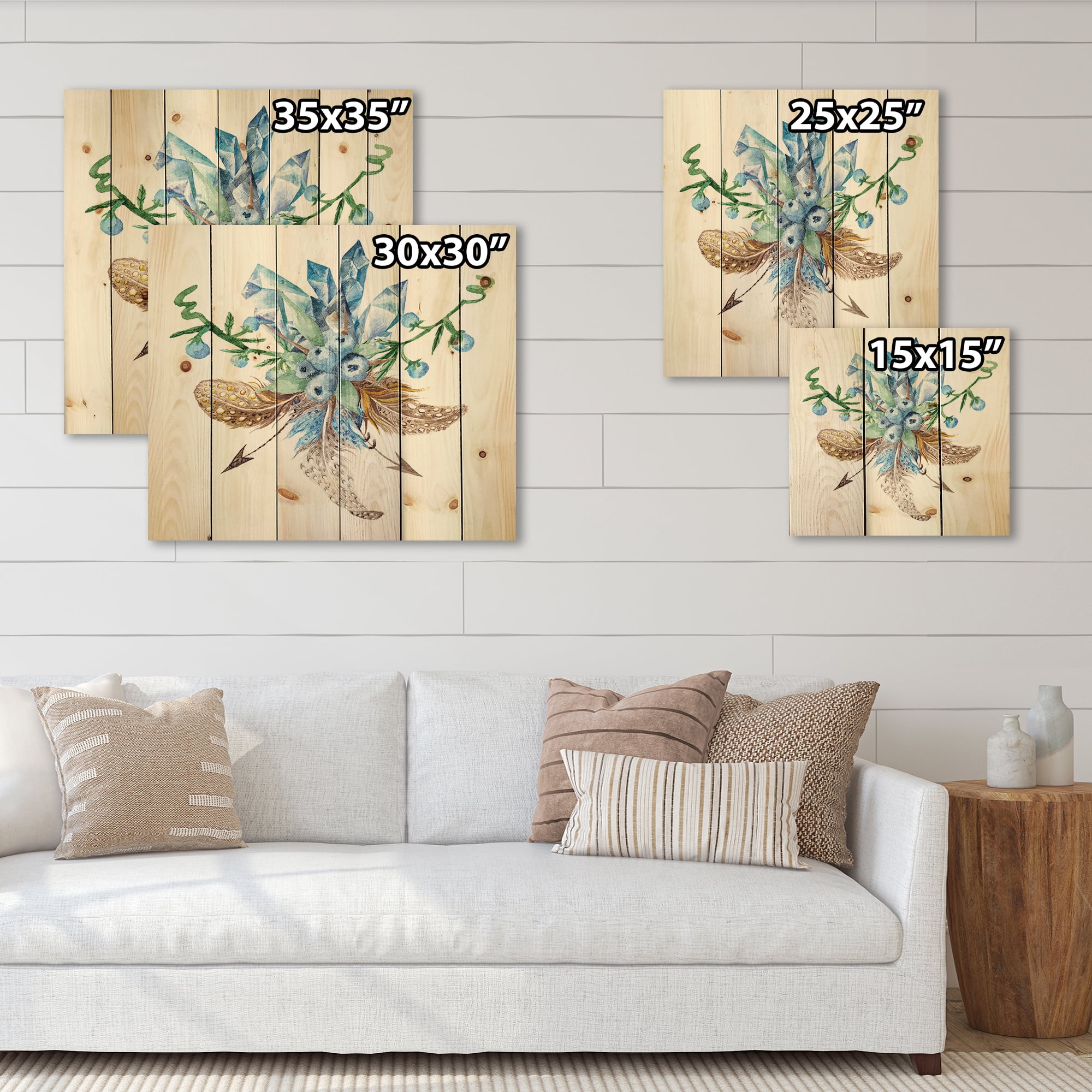 Designart 'Fresh Tribal Vignette Wild Forest Wreath Design On White I' Traditional Print on Natural Pine Wood