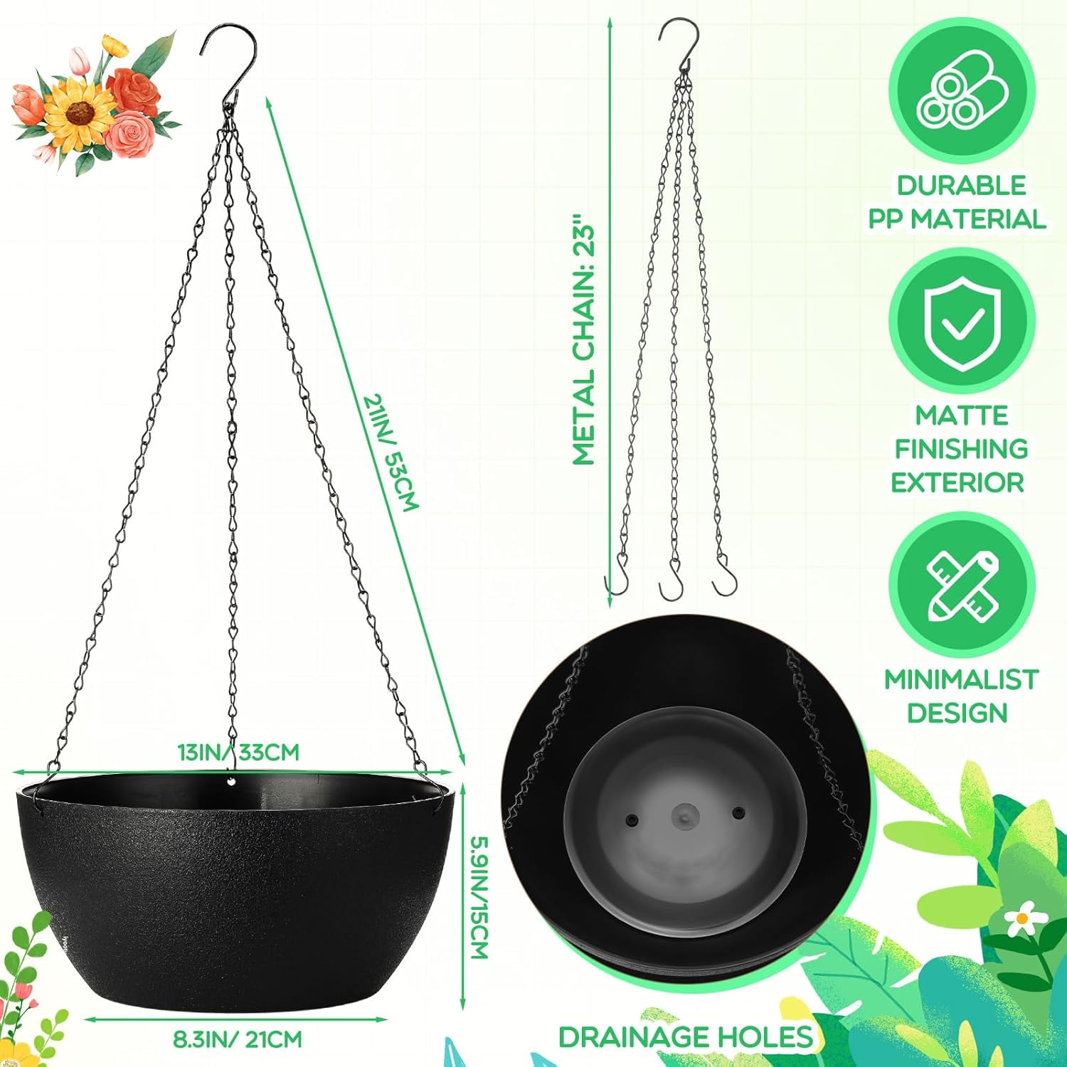 KitchenKey 4 Pack 13 Inch Large Hanging Planters Indoor Outdoor Flower Pots, Plant Containers with Drainage Hole Round Hanging Plant Pot for Home Garden Porch Balcony Patio Decor(Black)